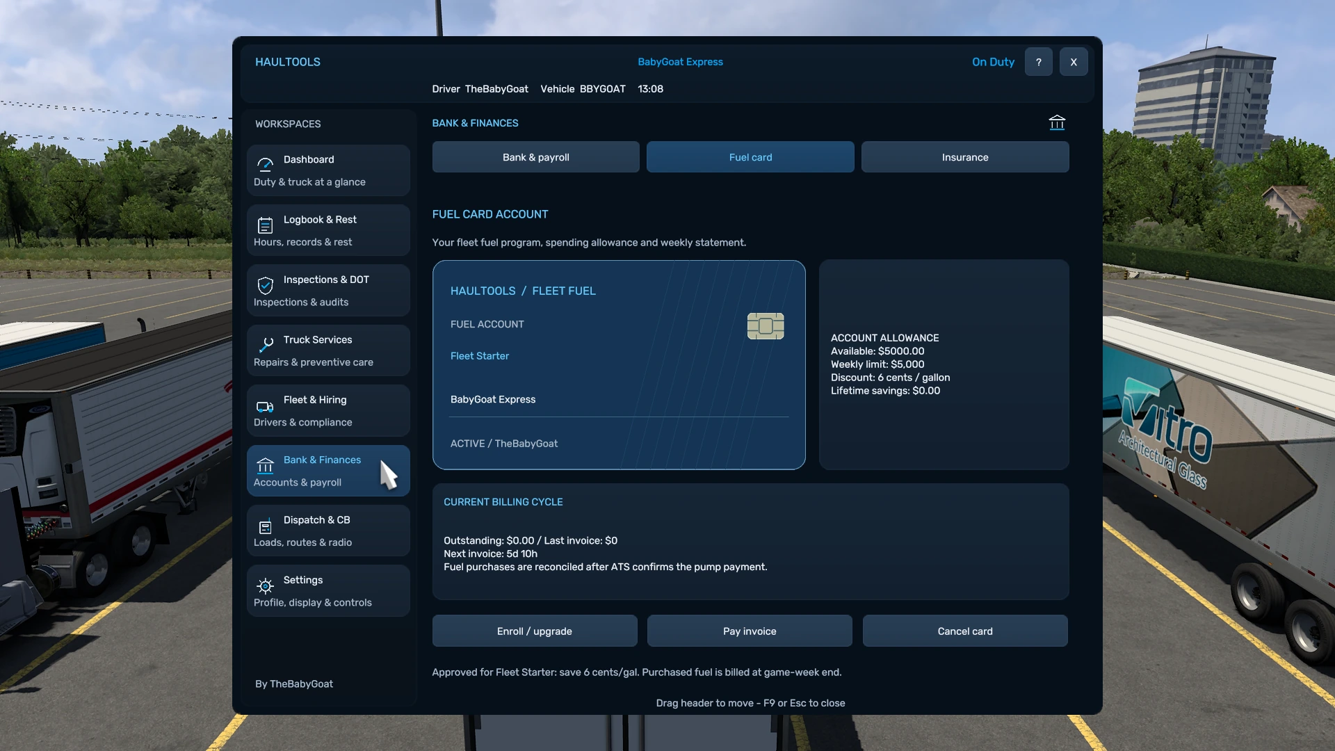 HaulTools fuel card screen showing card status, allowance and weekly invoice
