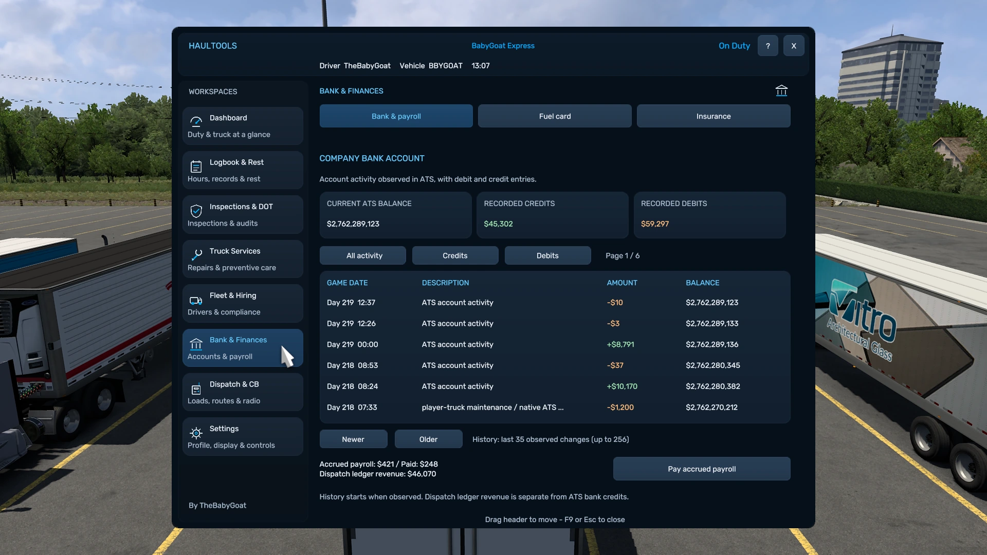 HaulTools Bank and Finances company account ledger with balance, income, expenses and transaction history.