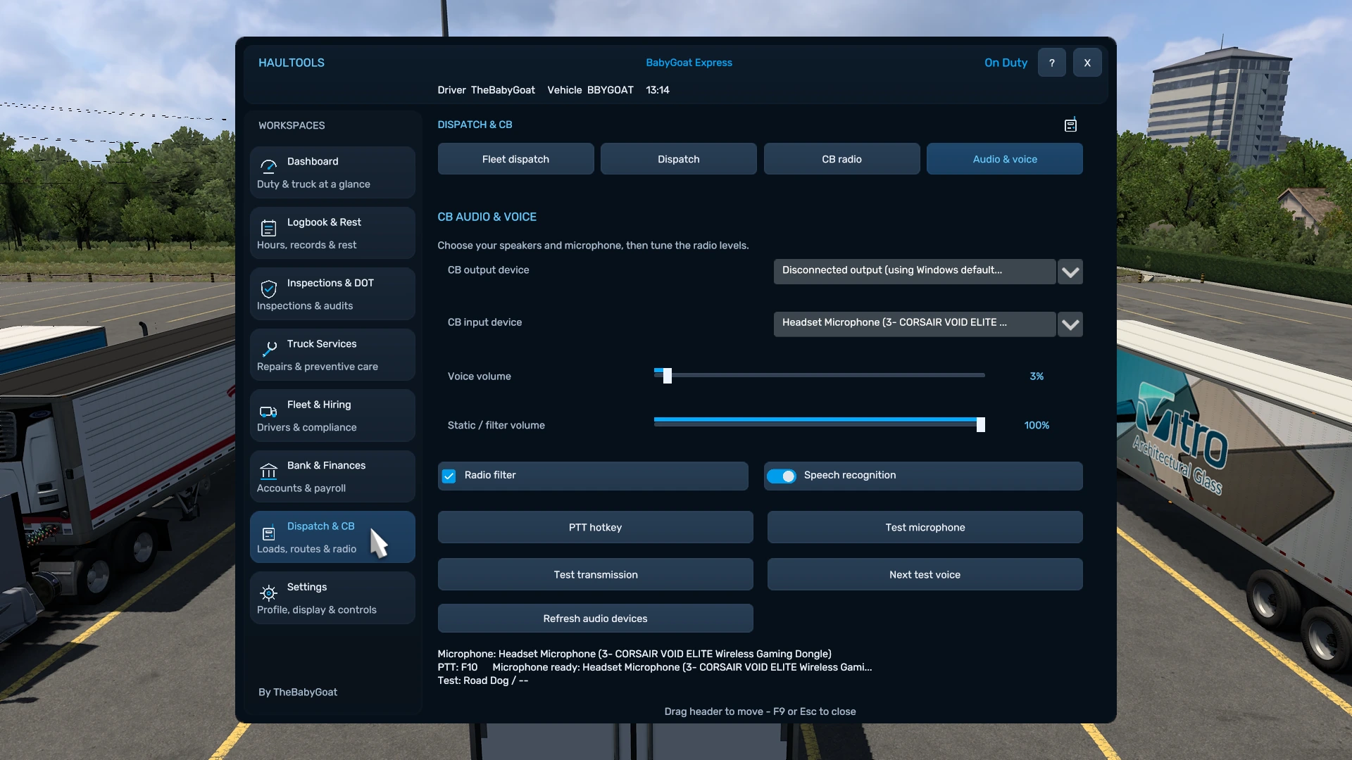 HaulTools Dispatch and CB Audio and Voice tab with audio devices, volumes and speech recognition controls.