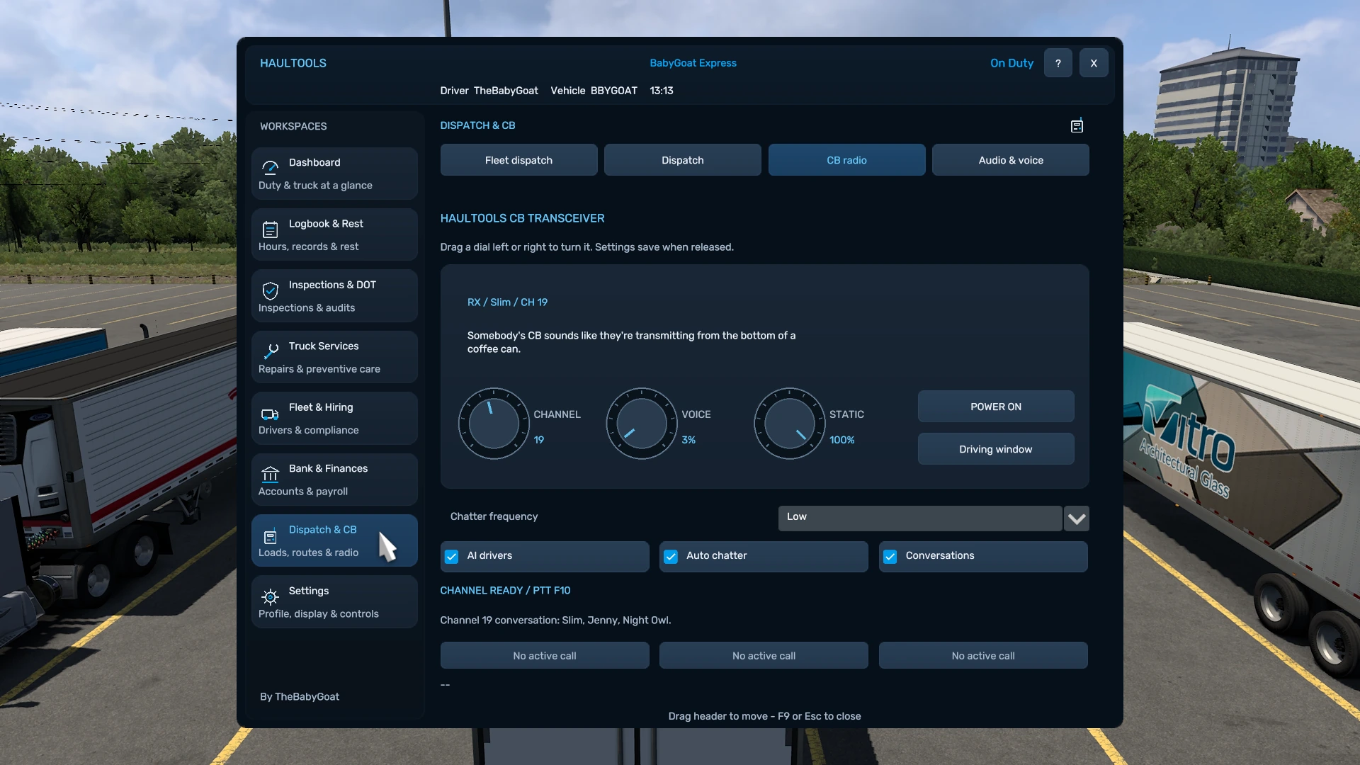 HaulTools CB radio page showing power, channel and chatter controls