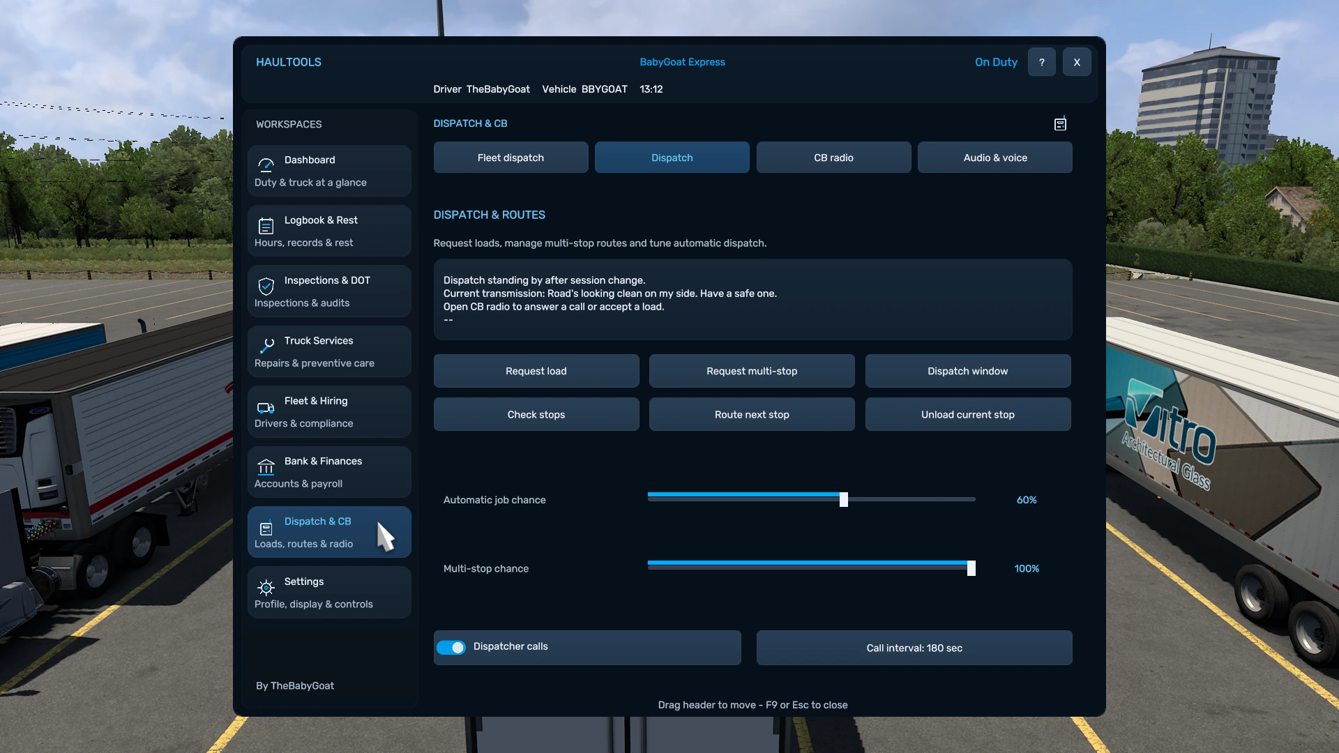 HaulTools dispatch page showing multi-stop request controls and dispatch settings