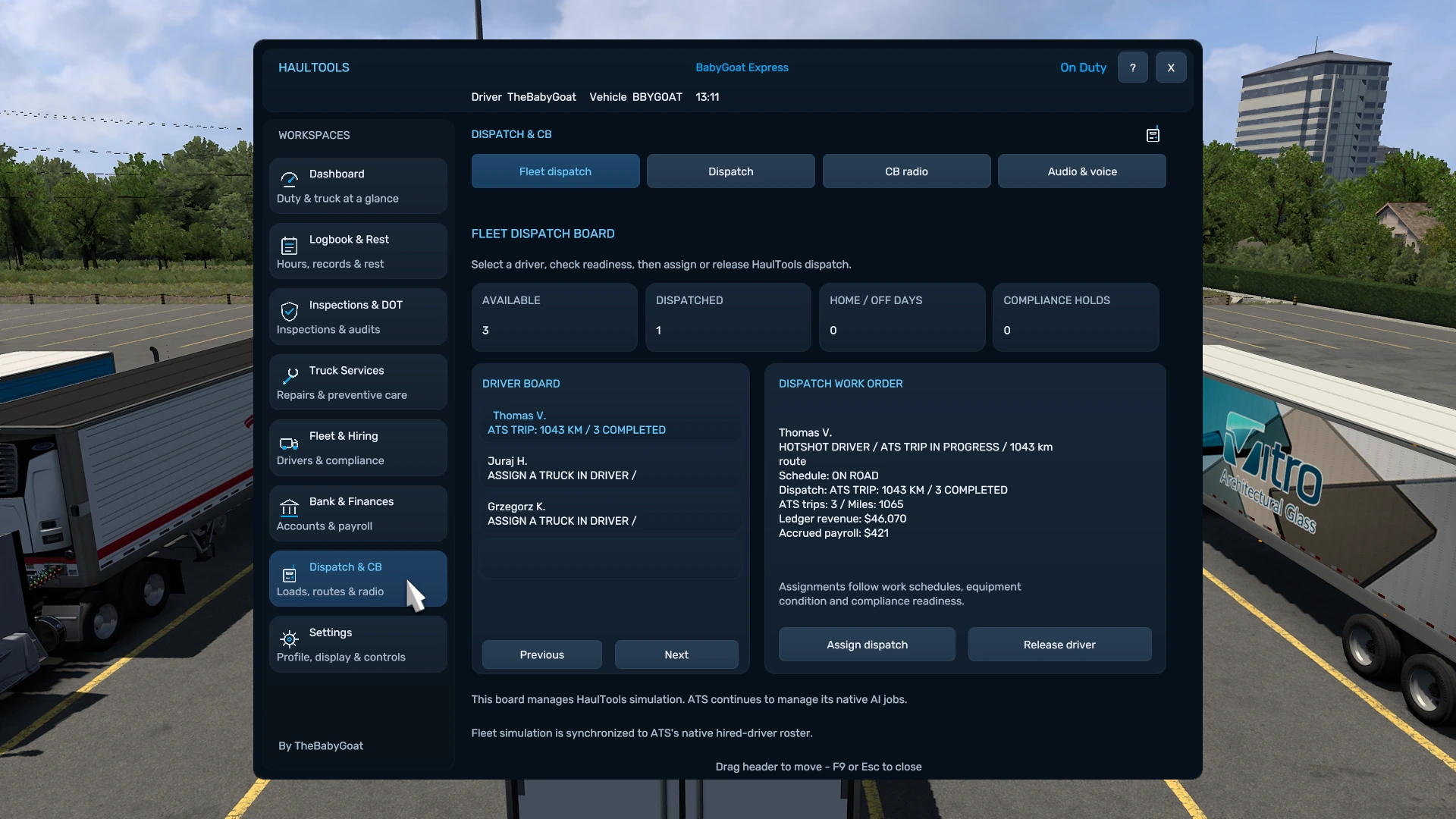 HaulTools Fleet Dispatch Board with drivers, schedules, route details and dispatch actions.