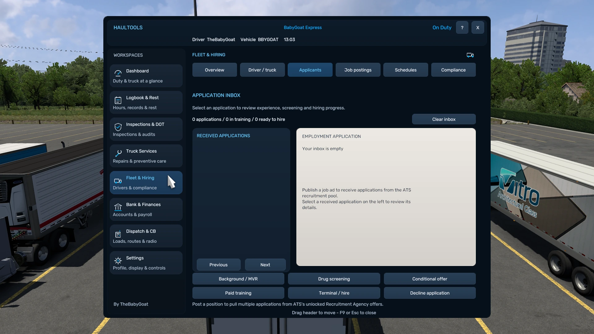 HaulTools Applicants page showing the candidate list, applicant details and hiring actions.