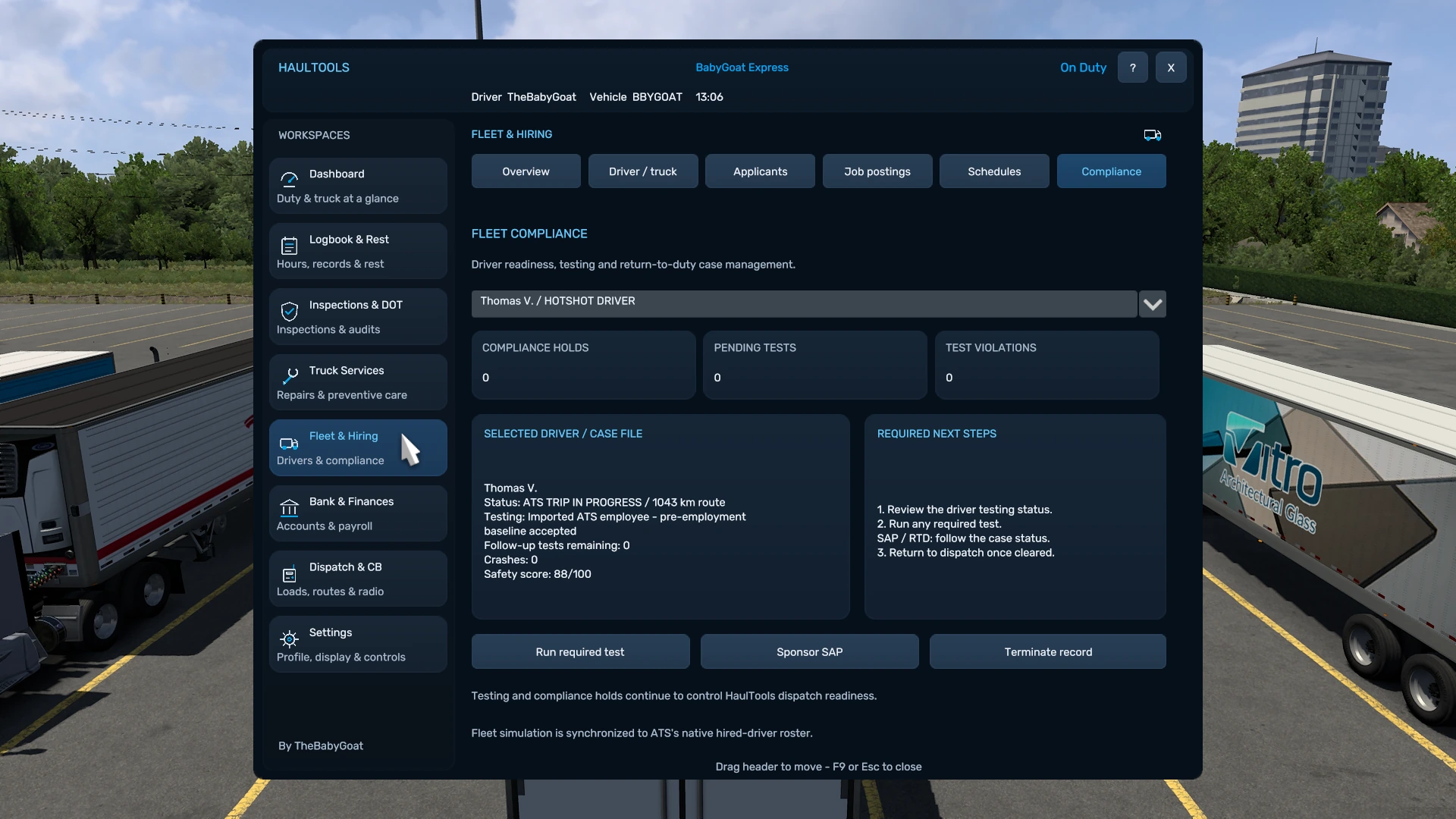 HaulTools Compliance page showing testing status, pending tests, violations and required actions.
