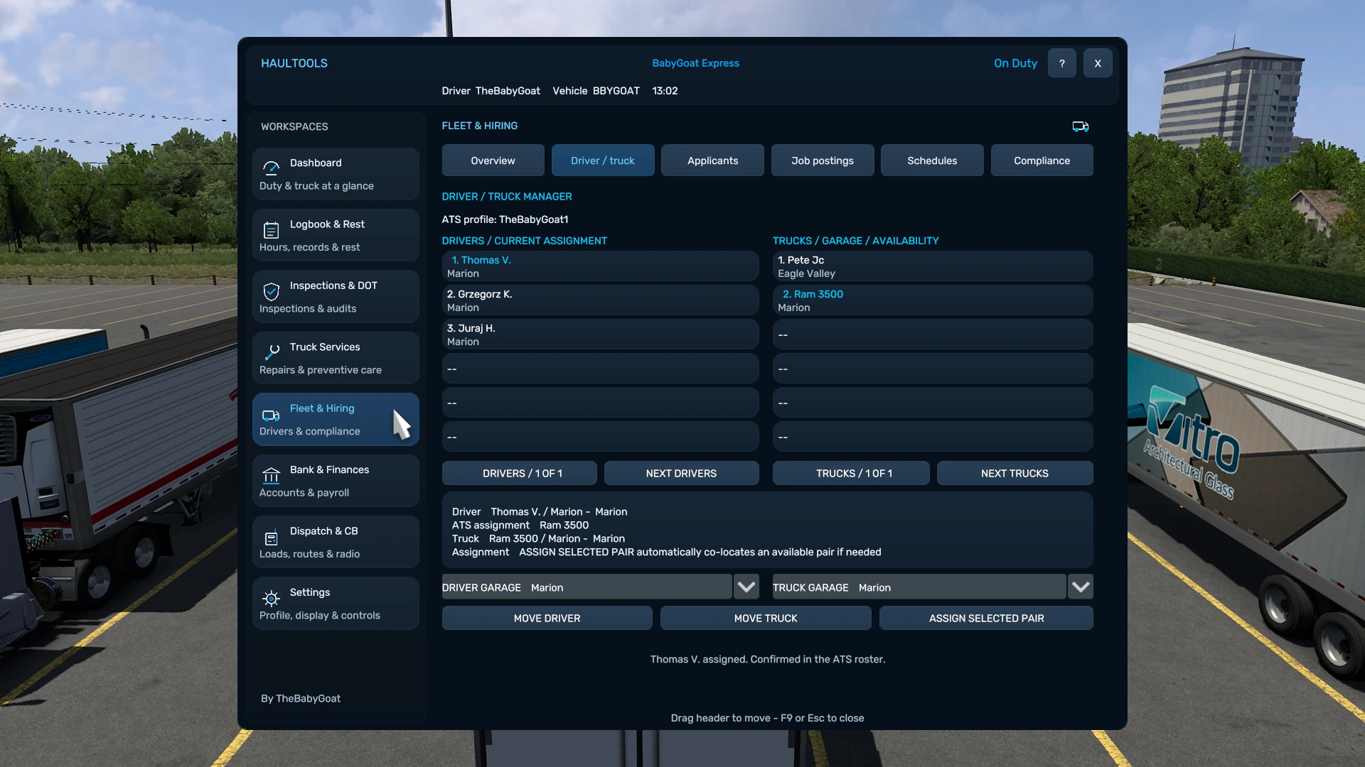 HaulTools Driver and Truck page for selecting, moving and assigning ATS drivers and owned trucks.