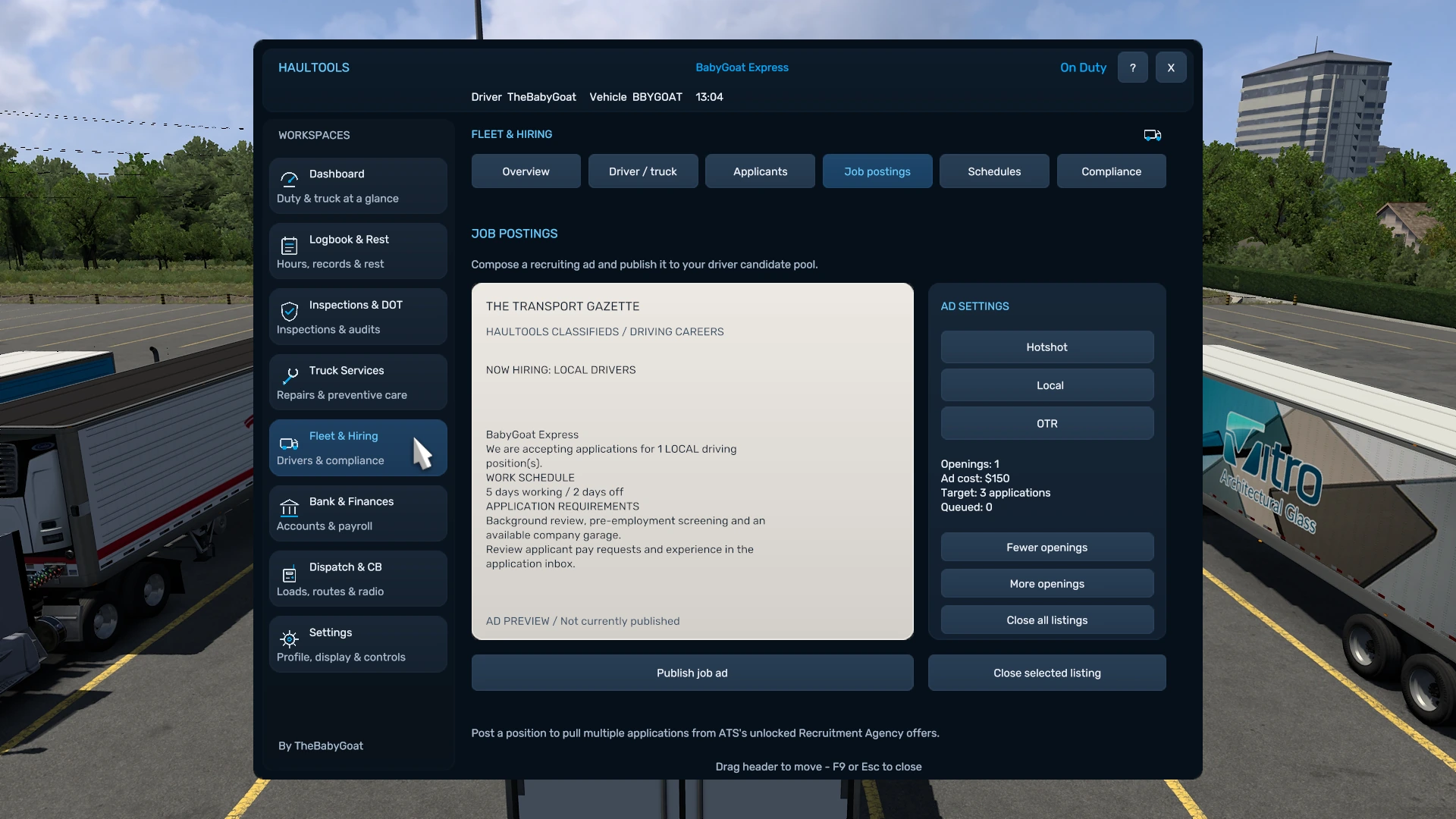HaulTools Job Posting page for configuring Hotshot, Local or OTR openings.
