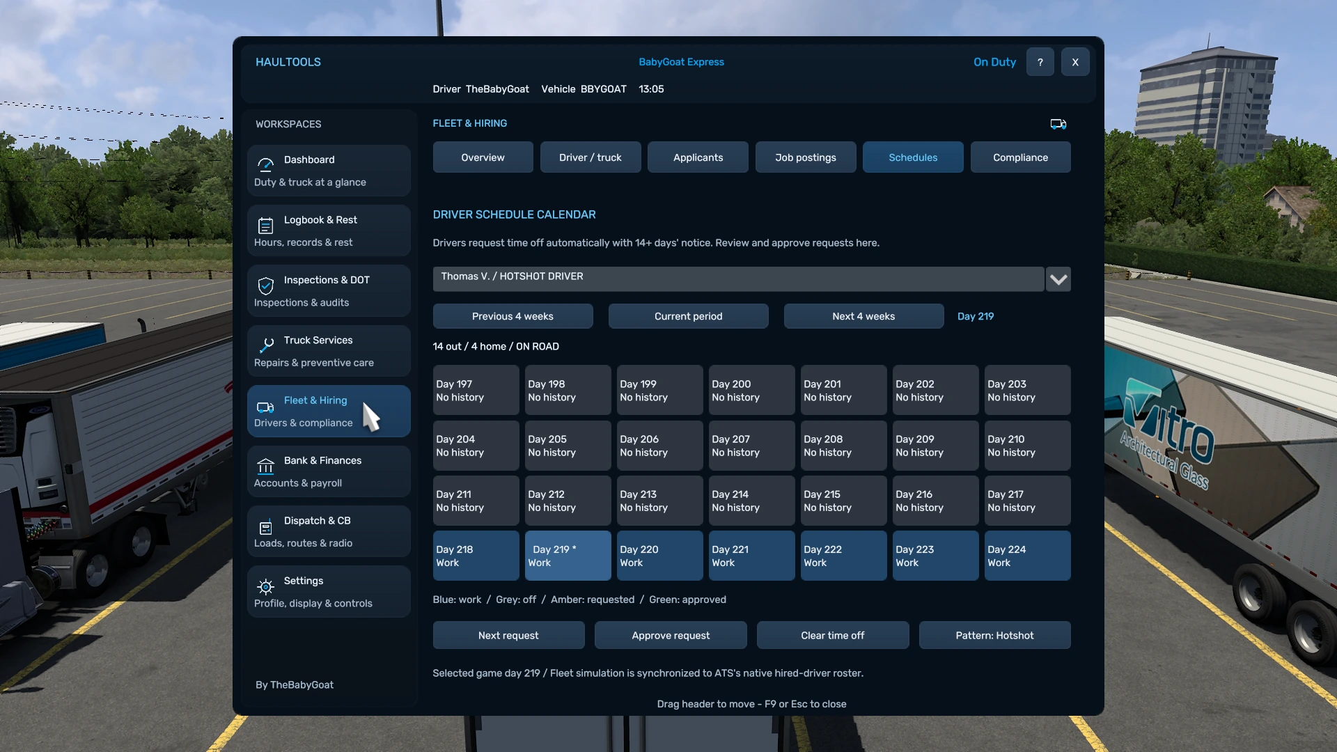 HaulTools driver schedule calendar with workdays, time off and request controls.