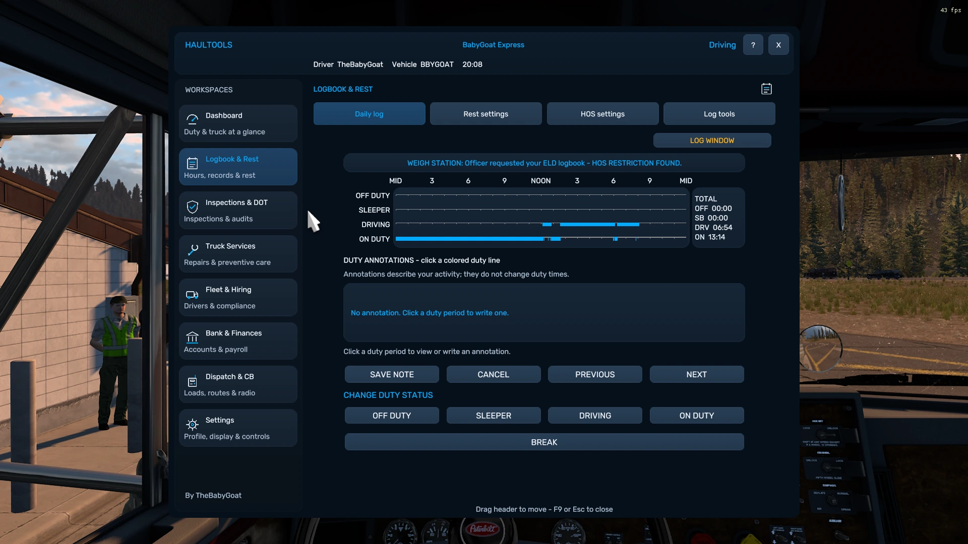 HaulTools Logbook & Rest page showing a weigh-station officer request for the ELD logbook and an HOS restriction found.
