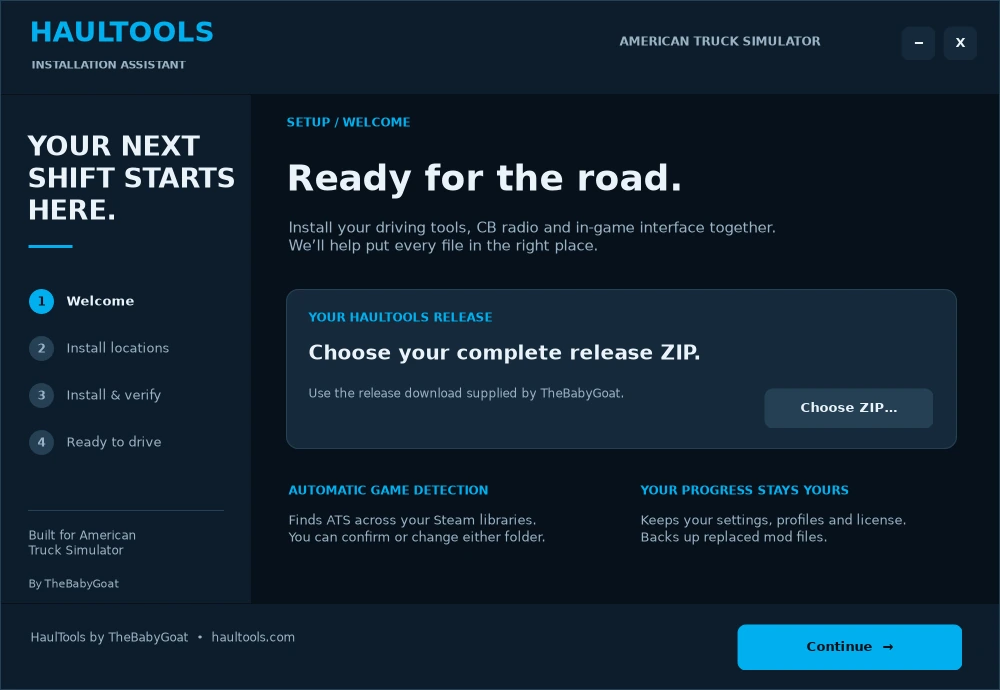 HaulTools installer welcome screen with Choose ZIP and Continue controls.