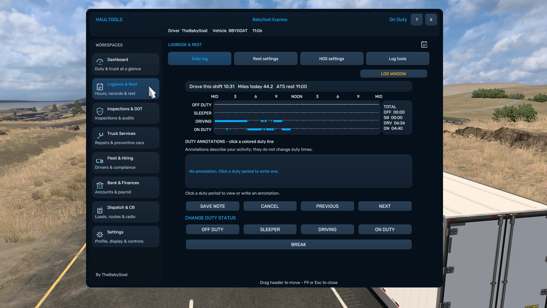 HaulTools logbook and ELD screen showing duty status and driving logs