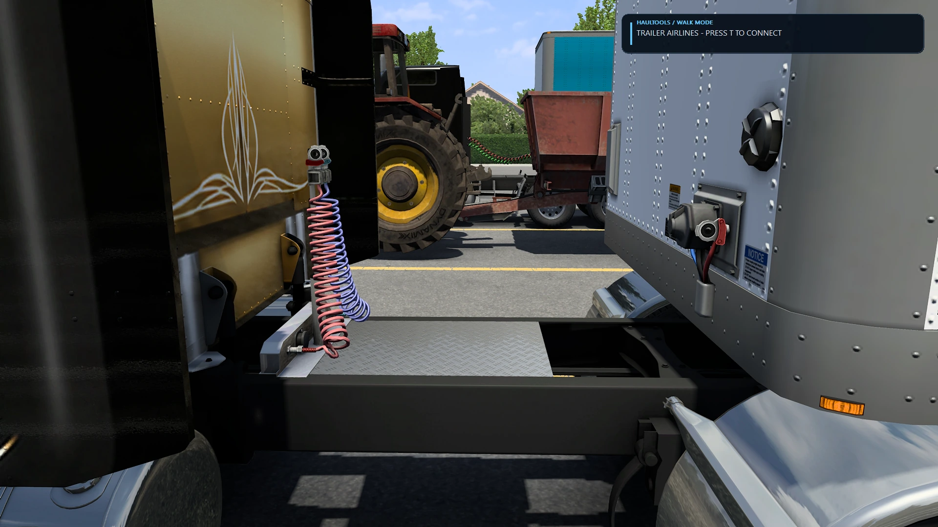 Disconnected trailer airlines with the HaulTools prompt to connect them during hookup.