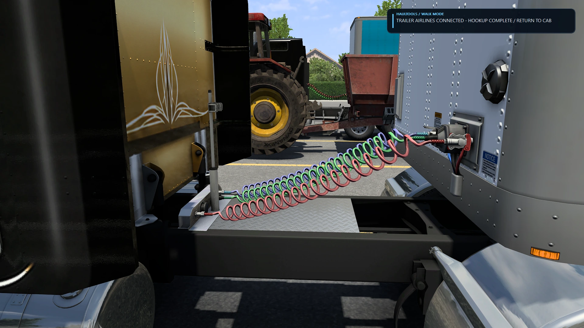 Connected trailer airlines with the HaulTools message that hookup is complete.