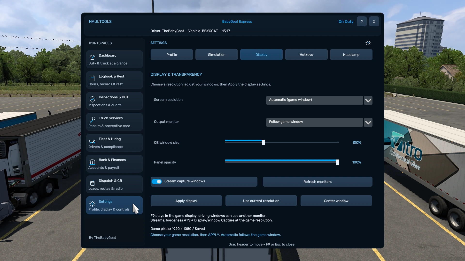 HaulTools Settings Display tab with monitor, layout, opacity and UI reset controls.