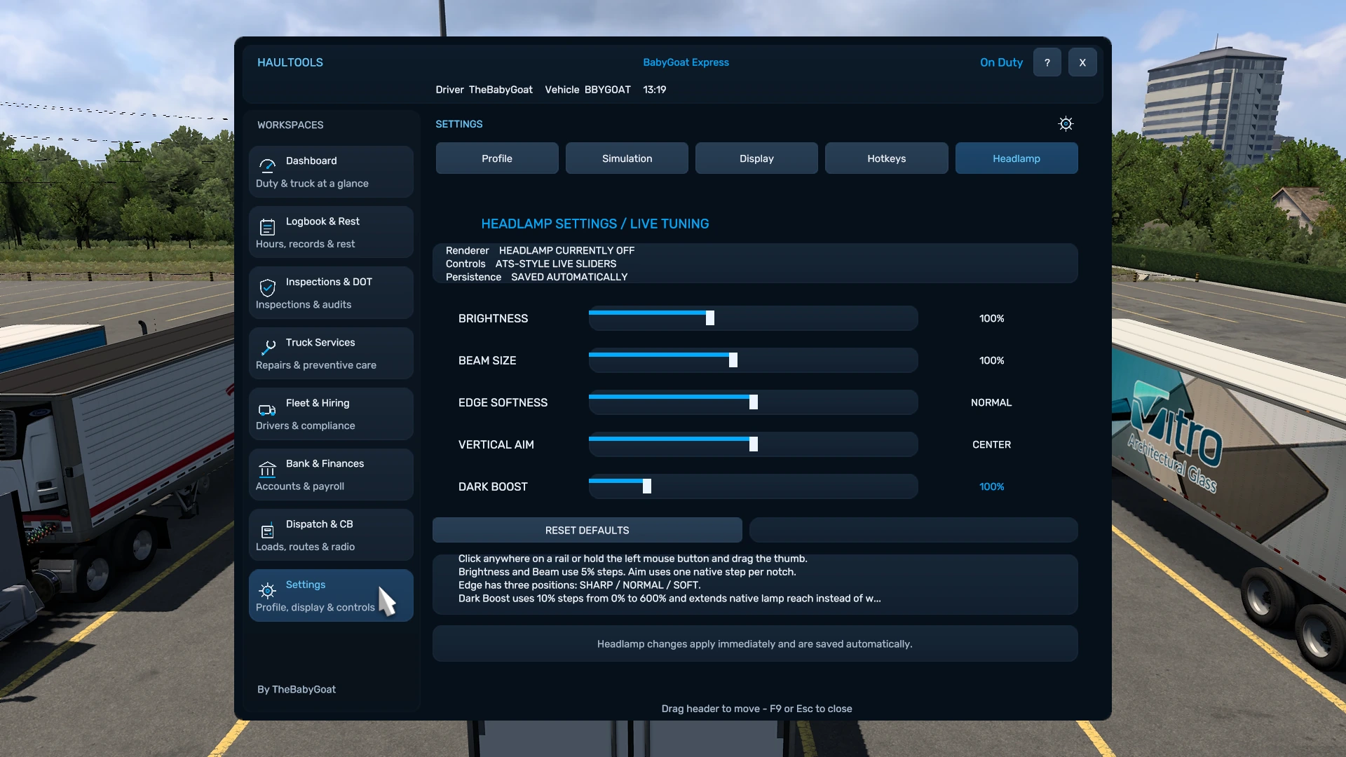 HaulTools Settings Headlamp tab with brightness, beam size, aim and edge controls.
