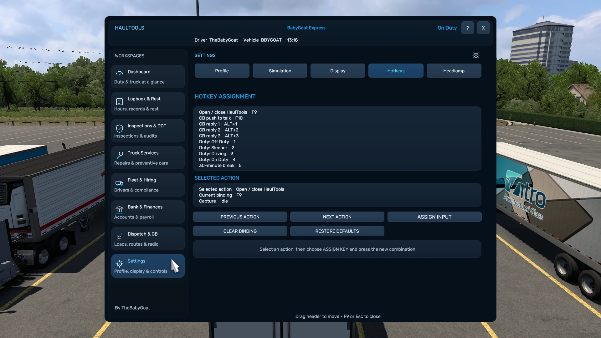 HaulTools Settings Hotkeys tab with keyboard and controller assignments.