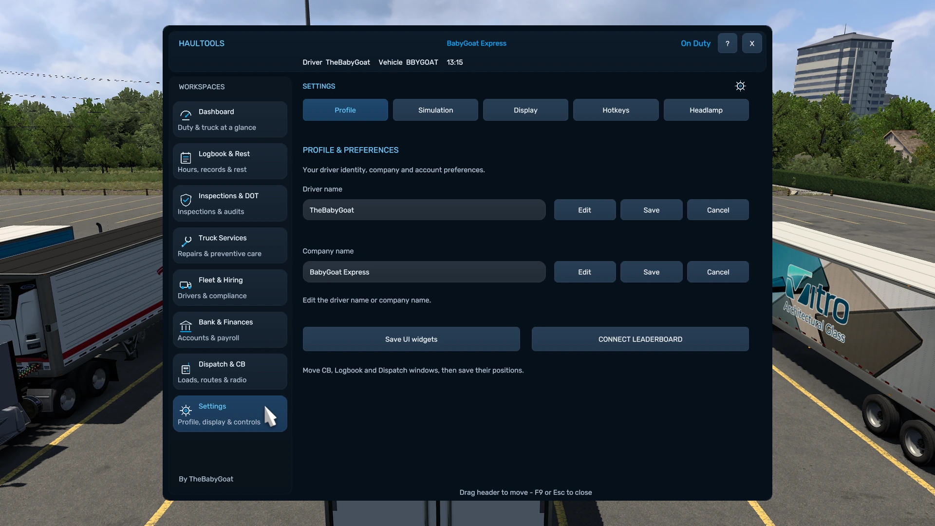 HaulTools Settings Profile tab with driver name, company name and sign-out or account controls.