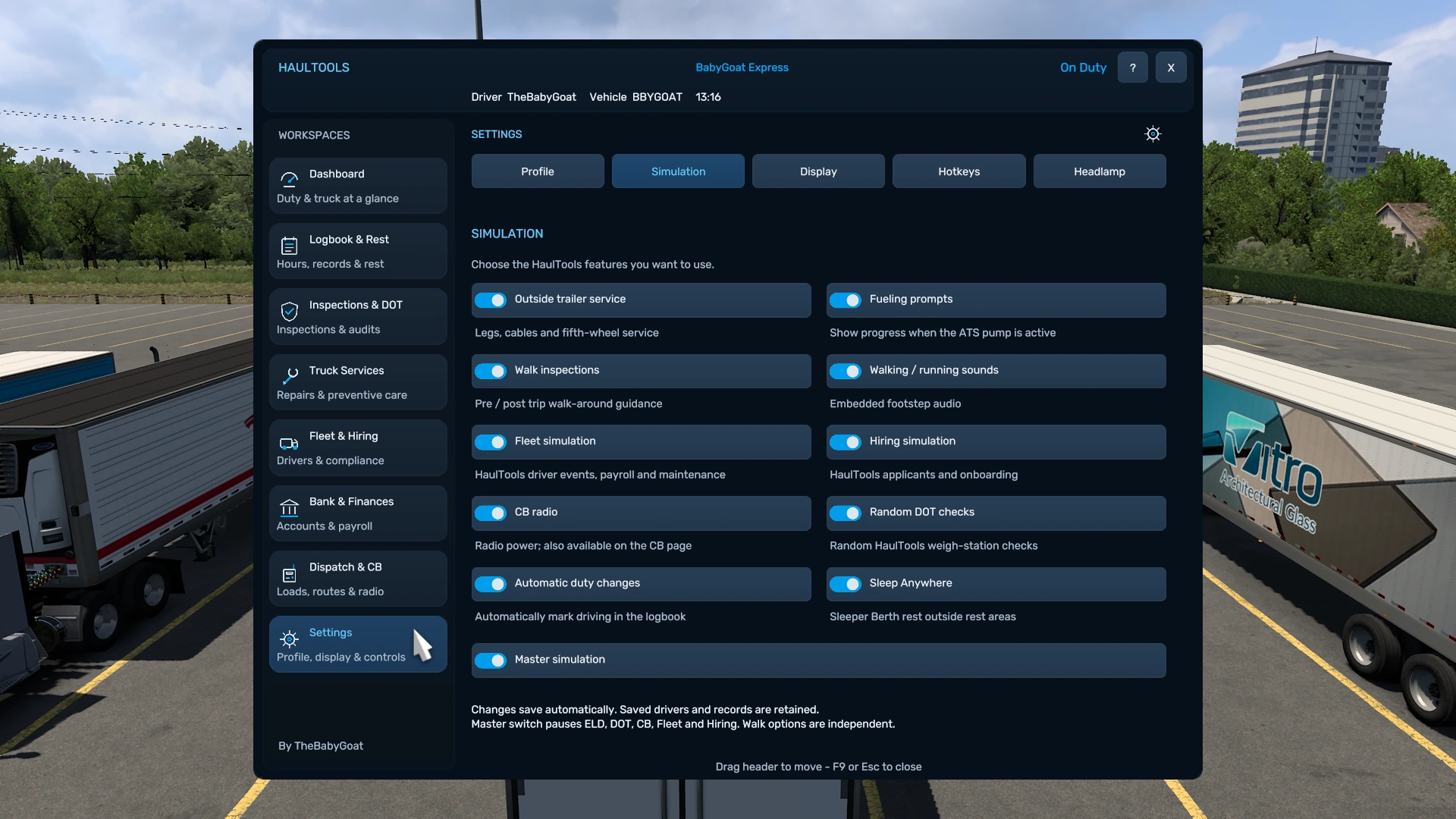 HaulTools Settings Simulation tab with feature toggles for trailer service, walk inspections, fueling, fleet, CB, DOT and duty simulation.