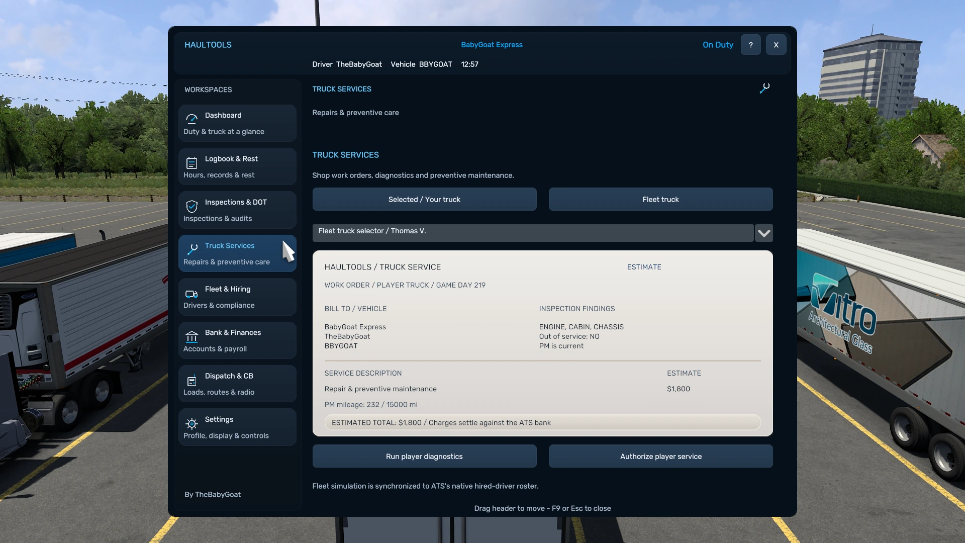HaulTools truck services page showing maintenance and service controls