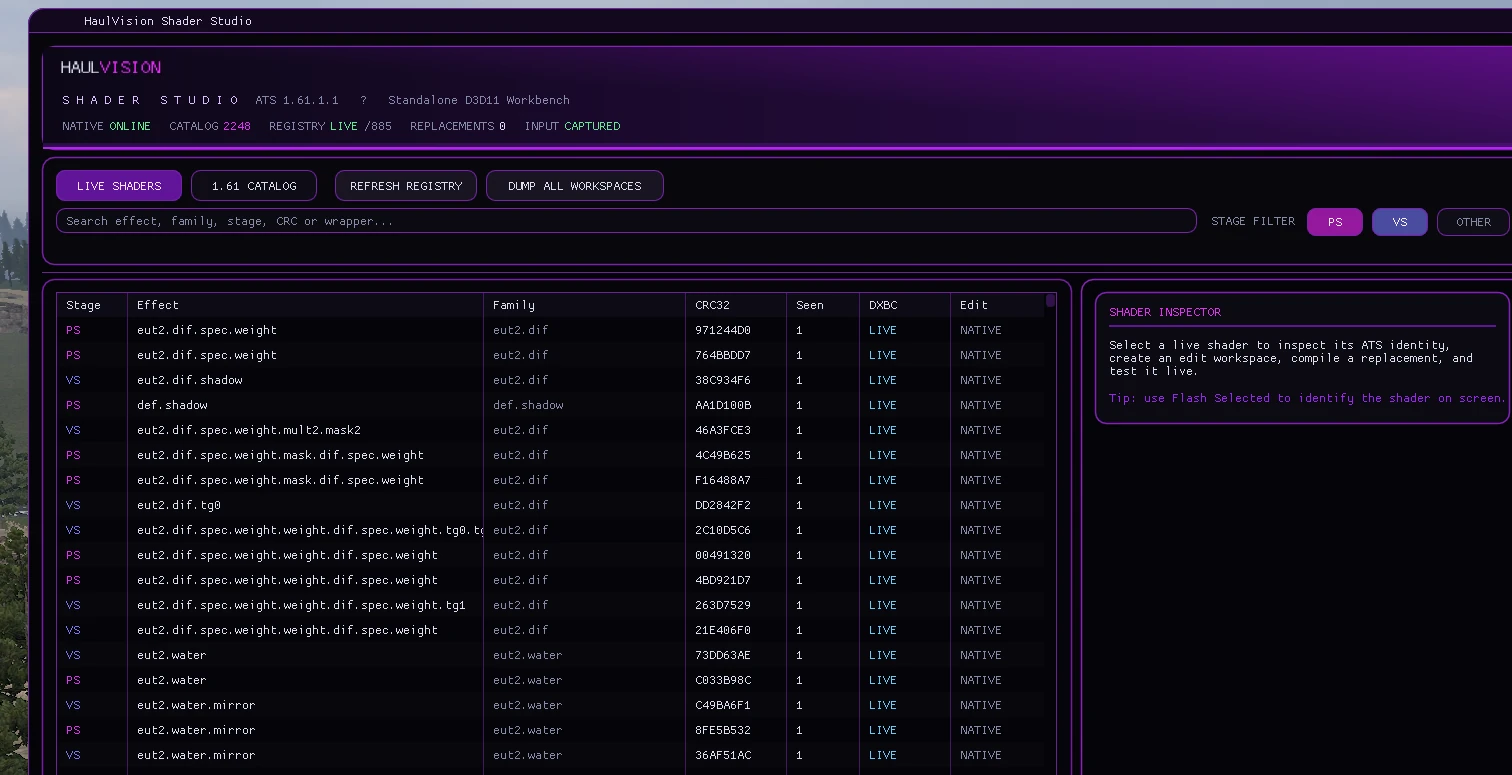 HaulVision Shader Studio in-game interface